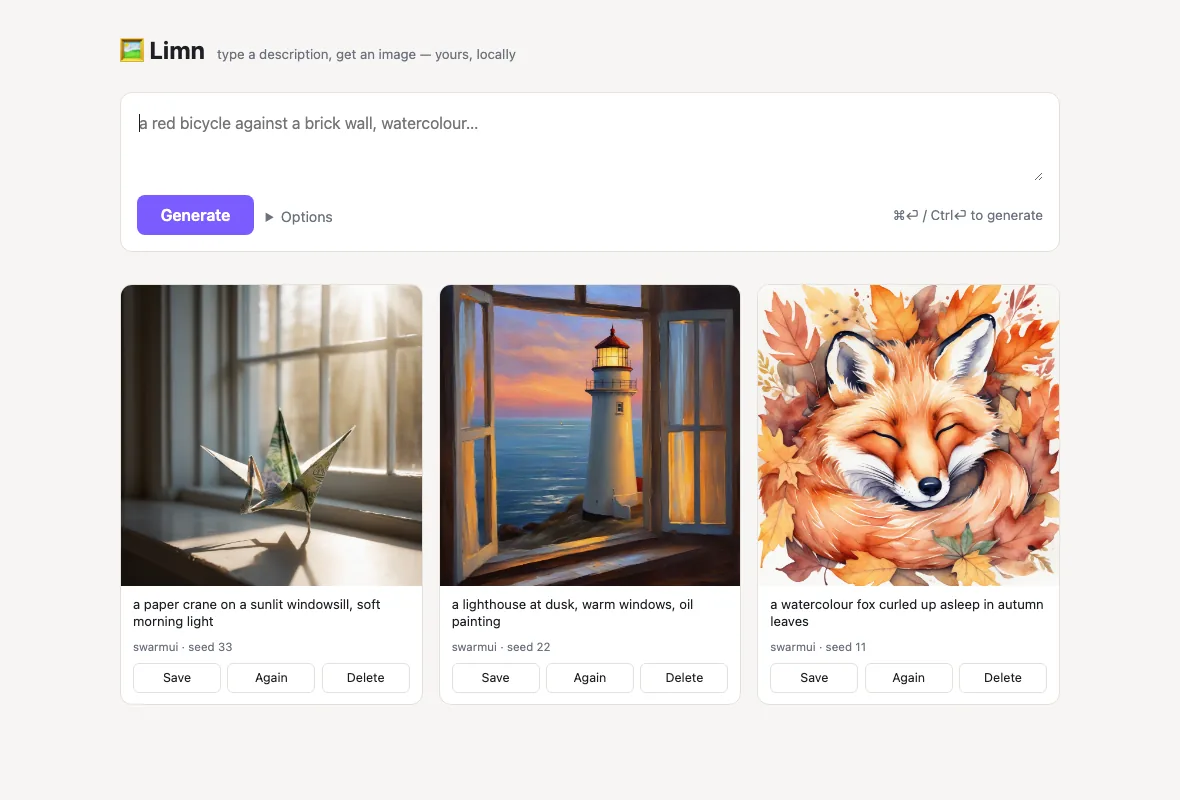 The Limn app: a prompt box and a gallery of three generated images